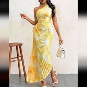 One Shoulder Cut Out Waist Pleated Tie Dye Asymmetrical Hem Dress